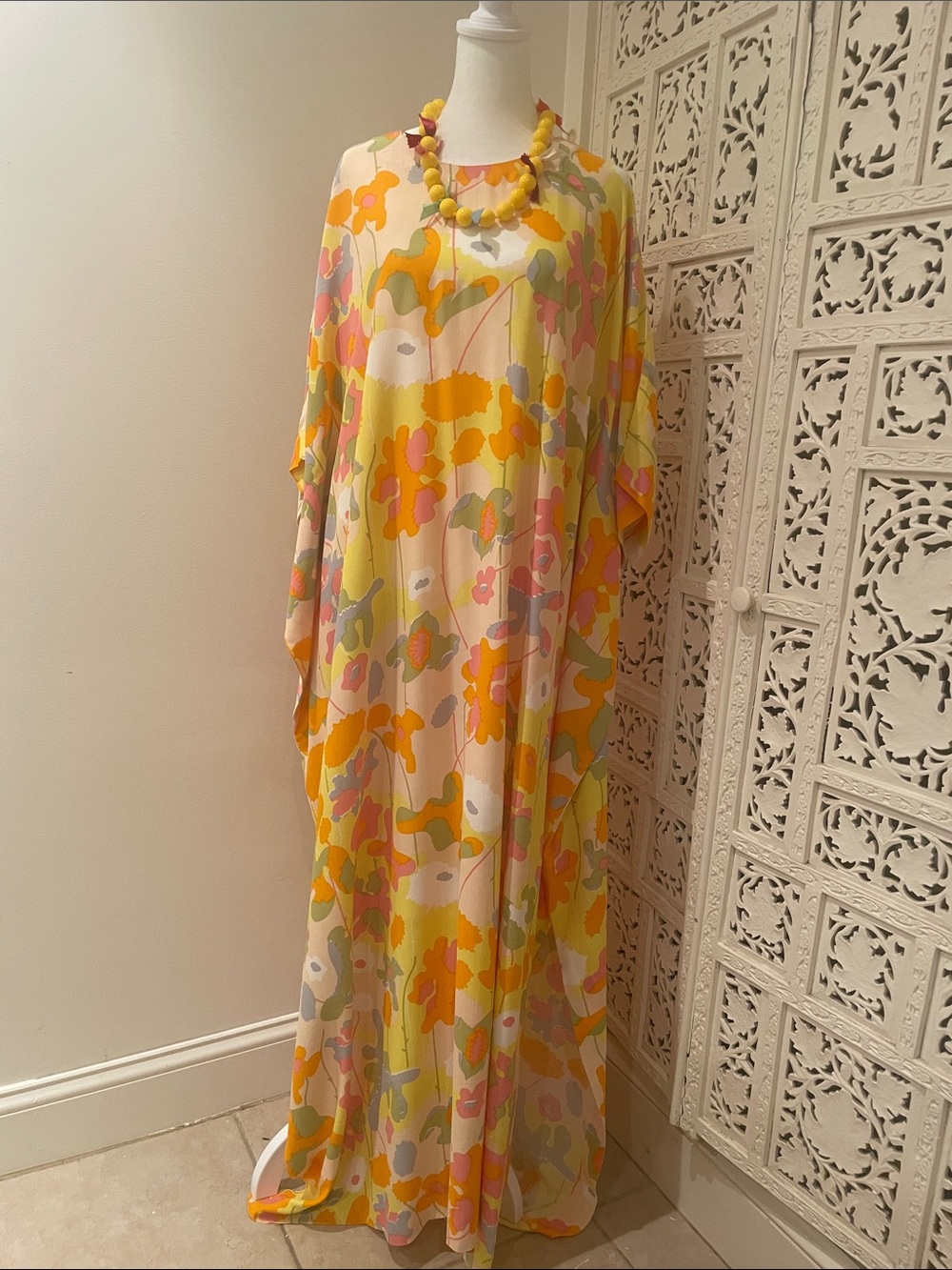 Marimekko Yellow, Orange, Pink Floral Print Dressy + the necklace